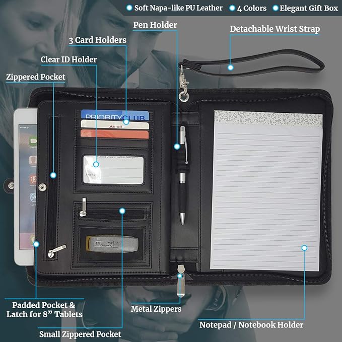 Customized Black Zippered Portfolio Binder with Junior Legal 5x8 Notepad - Engraved PU Leather Business Padfolio Organizer Folder with 8" Tablet Sleeve & Gift Box by Lautus Designs
