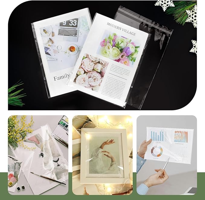 100PCS 8.5 x 11 Inch Cellophane Bags Self Sealing, Resealable Clear Plastic Sleeves for Paper, Artwork, Photo Mats, Comic, Magazine Page Protectors