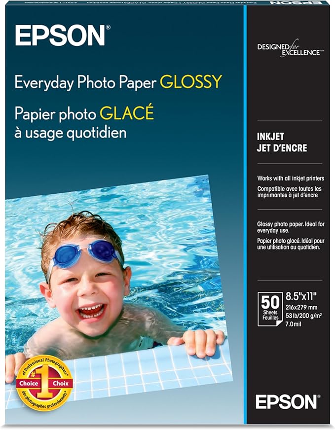 Epson Glossy Photo Paper 52 lbs., Glossy, 8-1/2 x 11, Pack of 50 Sheets (S041649)