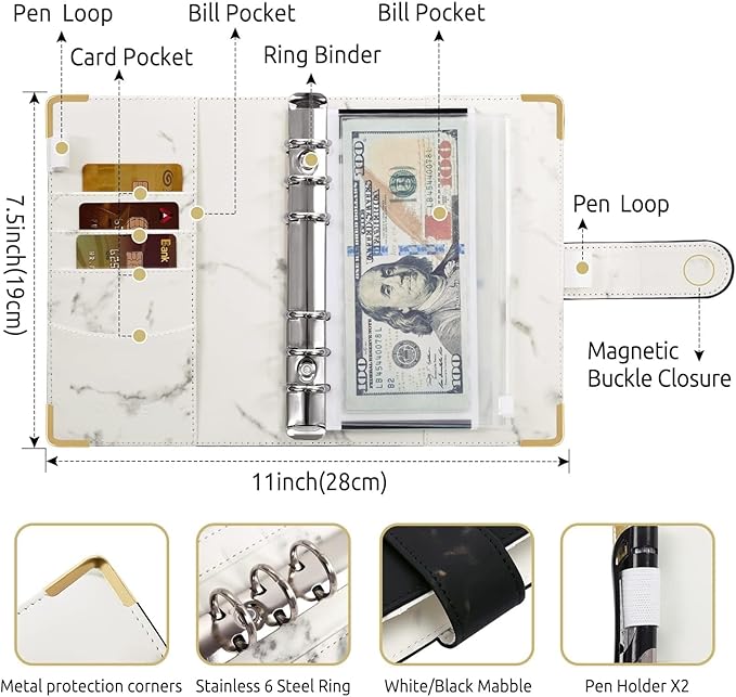 SKYDUE Budget Binder, Money Saving Binder with Zipper Envelopes, Cash Envelopes and Expense Budget Sheets for Budgeting (Mabble)