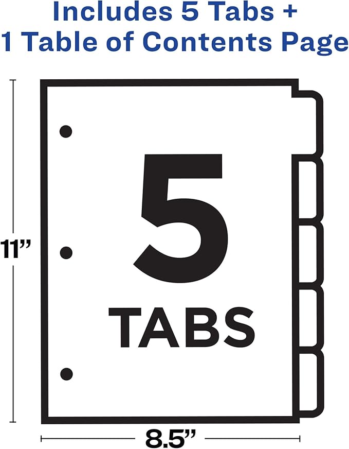Avery Dividers for 3 Ring Binders, 5 Tabs per Set, Customizable Table of Contents, Classic White Tabs, Great for Organizing Reports, Projects, and More (11130)