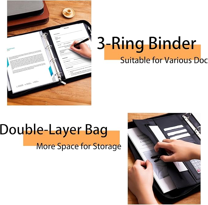 3-Ring Portfolio Binder, Zippered Folder with Writing Pad, PU Leather with Pockets, Professional Organizer with Laptop Sleeve and Folder (Black)