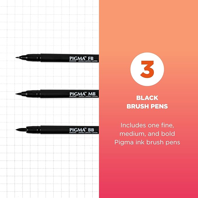 SAKURA Pigma Professional Brush Pens - Archival Black Ink Pens - Pens for Lettering, Modern Calligraphy, or Drawing - Brush Nibs - 3 Pack