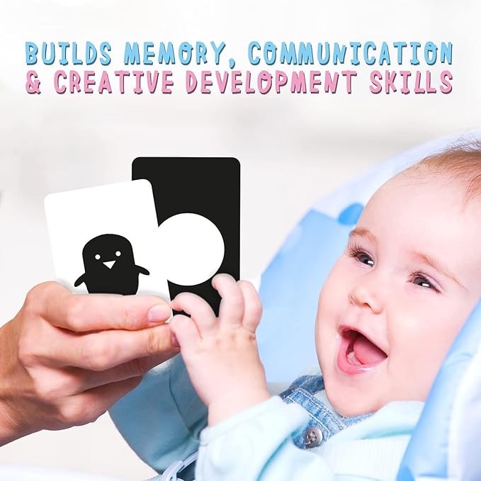 Merka Newborn Toys & Sensory Flash Cards for Babies - High Contrast Baby Cards - 50-Pack Paper, 2.4 in x 4.2 in, Black & White - Visual Stimulation & Brain Development for 0-3 Months