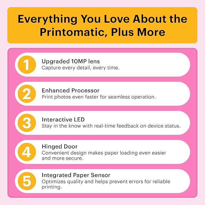 Kodak Printomatic+ Instant Print Digital Camera (Pink) 10MP Portable Camera with Interactive RGB LED Status Indicator, Prints Full-Color Photos on Zink 2x3” Sticky-Backed Photo Paper - Easy & Fun