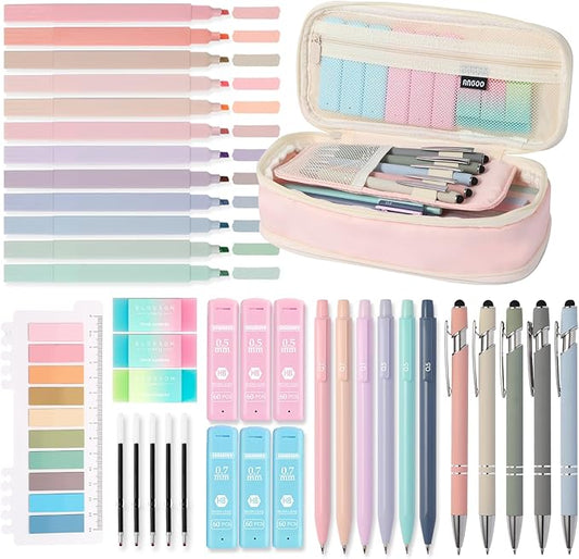 39PCS Aesthetic School Supplies with Cute Pencil Case, 5X Ballpoint Pens with Stylus Tip, 12X Pastel Highlighters, 6X Mechanical Pencil Set 0.5 & 0.7mm, Suit for Preppy School College Essentials(pink)