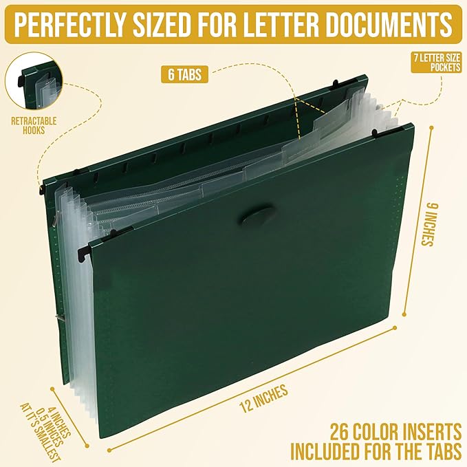 Iconikal Expanding Hanging Green File Folder with 7 Pockets, Portable Heavy-Duty Poly Organizer for Letter Size Files, Retractable Hooks & Elastic Closure