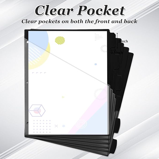 Epakh 12 Pcs Binder Dividers for 3 Rings Binders Index Dividers with Two Clear Pockets Plastics Sheets Protectors with Tab Labels for School Office Organization (Black)