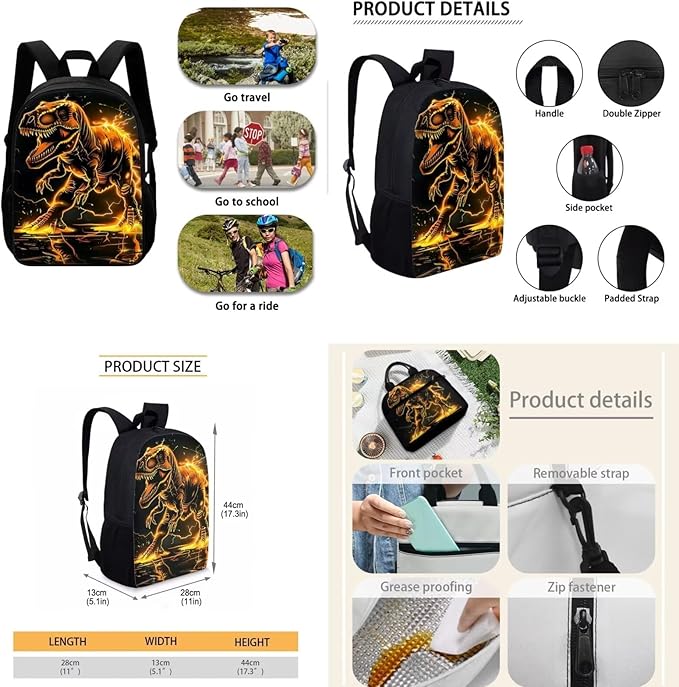 3D Dinosaur Kids Girls School Backpack Set Gold, Lightweight Book Bag for Boys Girls, Kids Backpack for Elementary Middle High School, Back to School Supplies