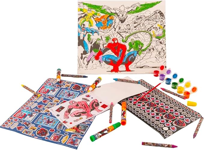 Ultimate Spiderman Painting Kit - Bundle of 50+ Drawing Supplies: Canvas, Paint Pods, Markers, Crayons, More | Spiderman Creative Coloring Canvas Set