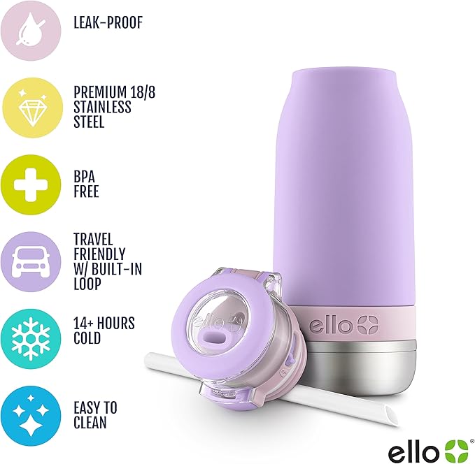 Ello Emma 14oz Vacuum Insulated Stainless Steel Kids Water Bottle with Straw and Built-in Carrying Handle and Leak-Proof Locking Lid for School Backpack, Lunchbox and Outdoor Sports