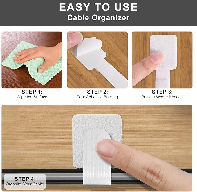 100-Pack Reusable Self-Adhesive Cable Ties cable management Adjustable Hook & Loop Straps for Organizing Data Cables, Wires, Headphones Under-Table Cord Management for Home, Office