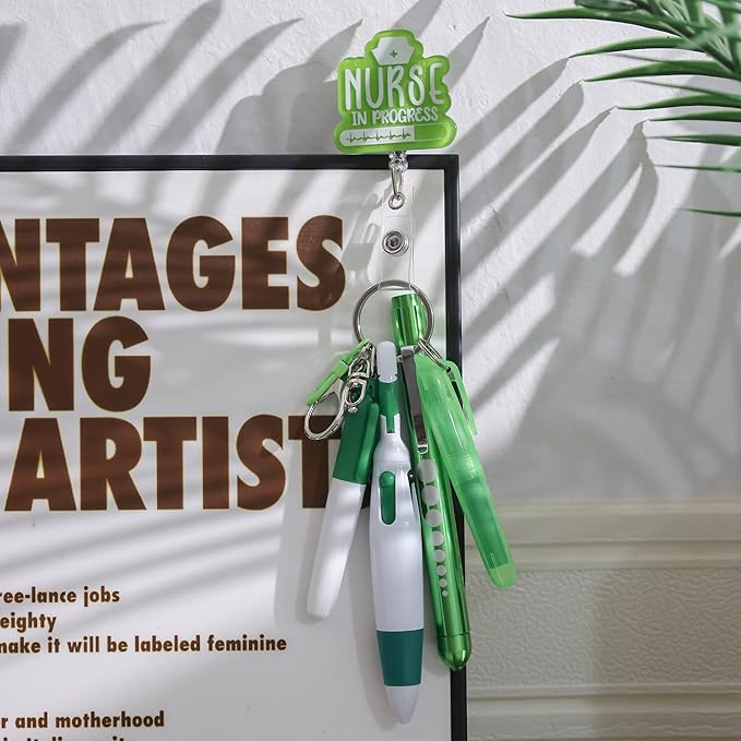 Student Nurse Pen Set Badge Reel Holder Accessories Clip, Retractable Mini Nursing Pen & Light Tool Set， Highlighter pens and Highlighter pens（Green）