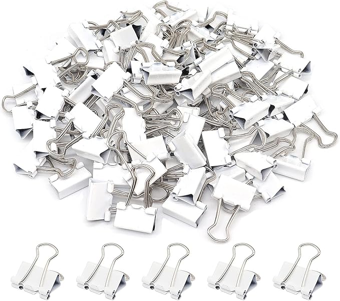 Mini Binder Clips, Paper Clip, Small Paper Clamps 15mm (5/8 inch), 100 Pack Micro Size Office Clips for Home School and Business (White)