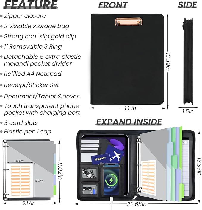 Clipboard with Storage for Men Women, Leather Padfolio Portfolio with Zipper, 1 Inch 3 Ring Binder 5 Dividers, Notepad for Letter Size, Elastic Closure and Pen Loop, Card Slot Black