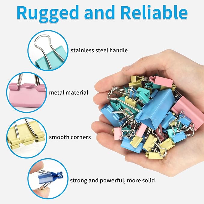 180 Pcs Small Binder Clips, Assorted Sizes Mini Binder Clips, 6 Sizes Clips Office Supplies, Paper Clamps, Binder Paper Clips for Office Supplies Home School Food DIY (Blue, Pink, Yellow, Green)