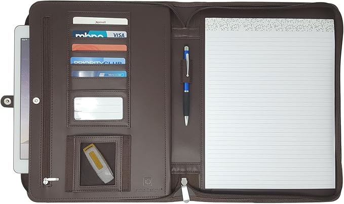 Customized Leather Portfolio Padfolio - Name/Logo Printed on Dark Brown Personalized Faux Leather Business Portfolio Binder & Organizer Folder with 10.5 Inch Tablet Sleeve