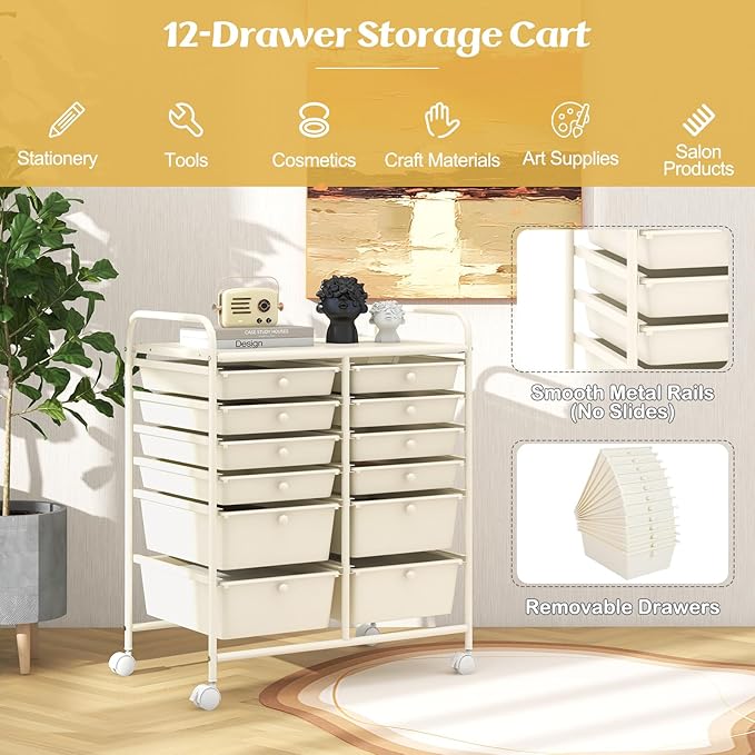 COSTWAY 12-Drawer Rolling Storage Cart, Moveable Art Craft Organizer W/Lockable Wheels, Metal Shelf, Files Arrangement Tools Makeup Storage Cart for Office, Home, School, White