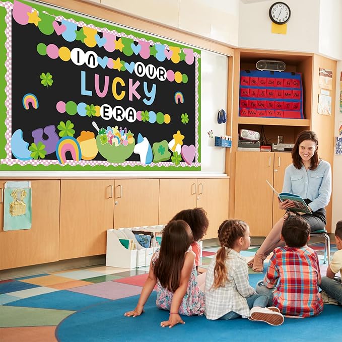 87Pcs St. Patrick's Day Bulletin Board Decorations Set Lucky Charm Unicorn Gold Coin Paper Cutouts Funny Shamrock March Classroom Decor for Chalkboard Window Wall Door Irish Party Home Office School