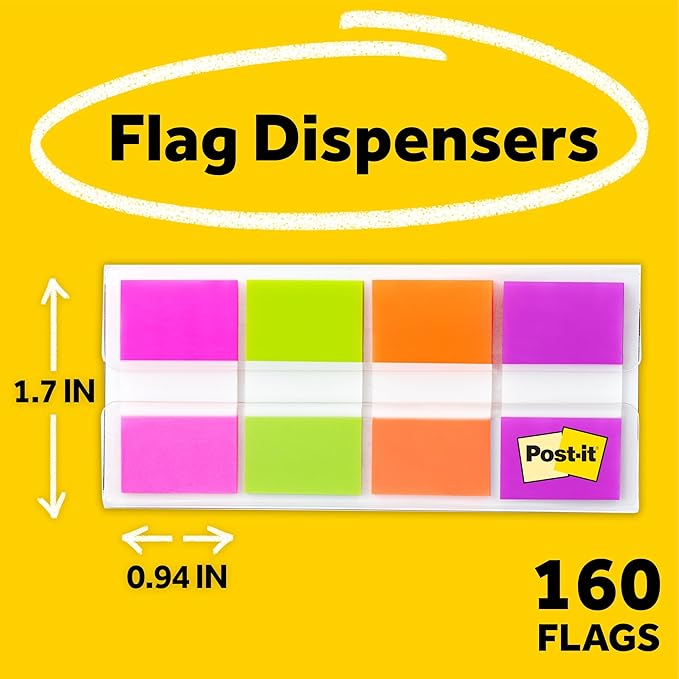 Post-it Flags, On-The-Go Dispenser, 160 Flags/Pack, 1 in Wide, 4 Assorted Bright Colors (680-PGOP2) - 24 Pack, 3840 Total Flags