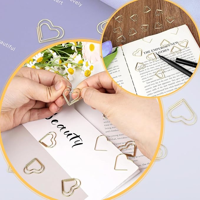 Cute Metal Heart Paper Clips: Love Shape Gold Binder Paperclips Mini Bookmark 100Pcs Document Note Sorting Organizer for Wedding Decorative Office Supplies