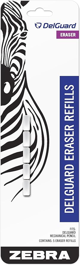 Zebra Pen DelGuard Mechanical Pencil Eraser Refills, Compatible with DelGuard Pencils, Durable Replacement Erasers for Long-Term Use, 5-Pack for School or Office Essentials (83225)