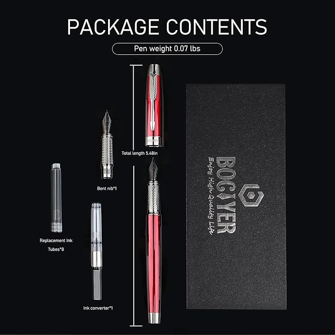 Fountain Pen with Fine Nib & Black Ink, Refillable & Elegant Bent Nib Design, Calligraphy Pens for Writing, Best Fountain Pen for Smooth & Fancy Writing(Grey)