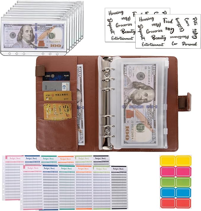 NICOOTHBudget Binder Cash Envelopes A6 Money Saving Binder with Zipper envelopes (Brown)