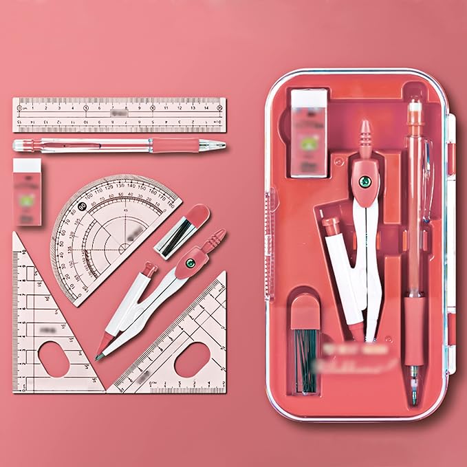 LABANCA 8 Pcs Compass Set with Protractor Rulers Pencil for Math Geometry (07053Red)