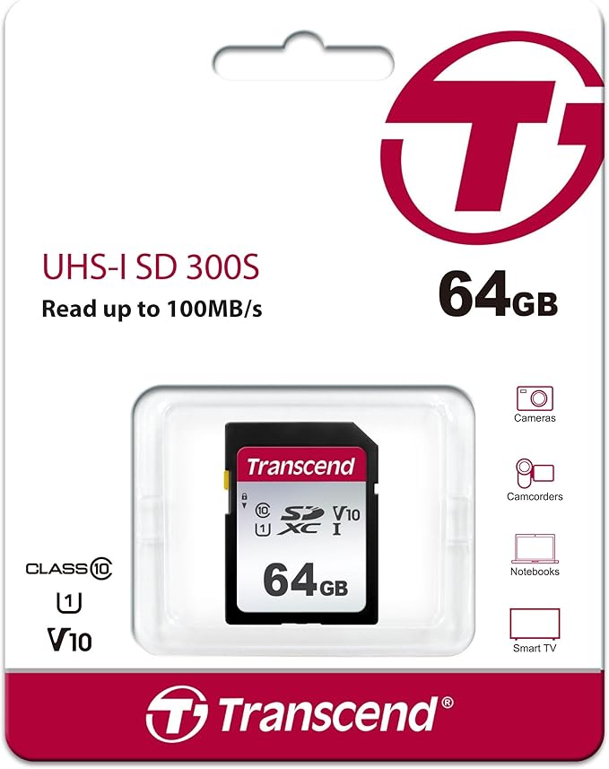 Transcend 64GB SDXC Memory Card, Up to 100MB/s, for Canon Nikon Sony Camcorder, SPYPOINT TACTACAM WOSPORTS Trail Camera, Panasonic Cameras, UHS-I U1 V10, Full HD Class 10 High-Speed SD Card