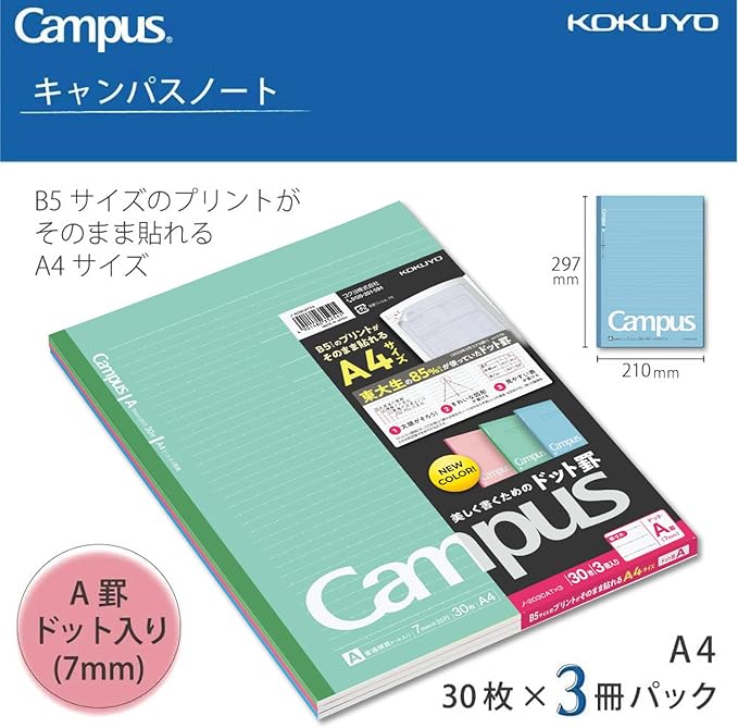 KOKUYO Campus Notebook, A4 Size, Dot Ruled, A-Ruled, 30 Sheets, Pack of 3