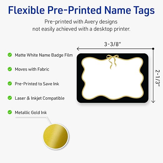 Avery Printable Adhesive Name Badges, 2-1/3" x 3-3/8", Pre-Printed Black Border with Metallic Gold Bow Design, Matte White, Laser & Inkjet Compatible, 80 Total