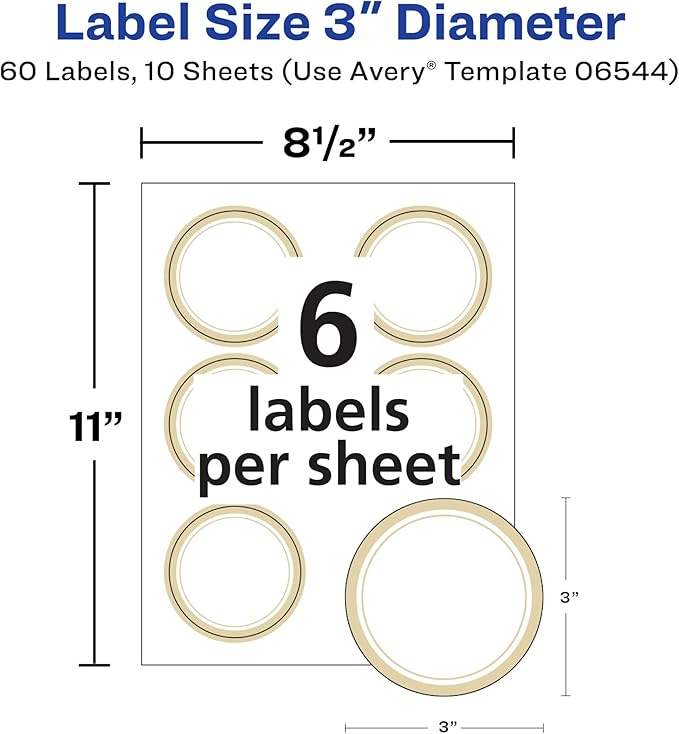 Avery Matte White Labels, Metallic Gold Borders, 3" Round Labels, 60 Total, Laser/Inkjet Printable (6544)