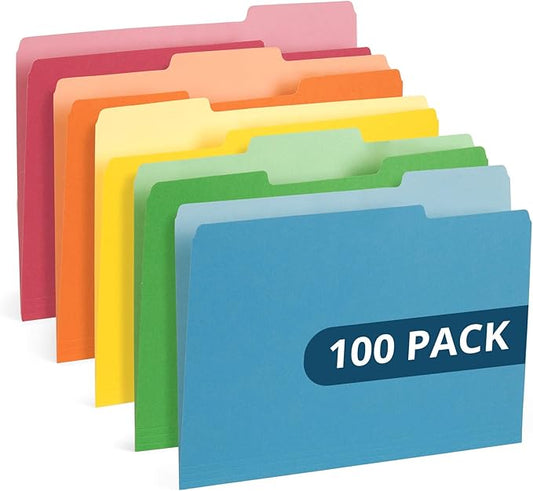 Blue Summit File Folders, Letter Size, 1/3 Tab, Two-Tone Bright Colors – 100 Pack