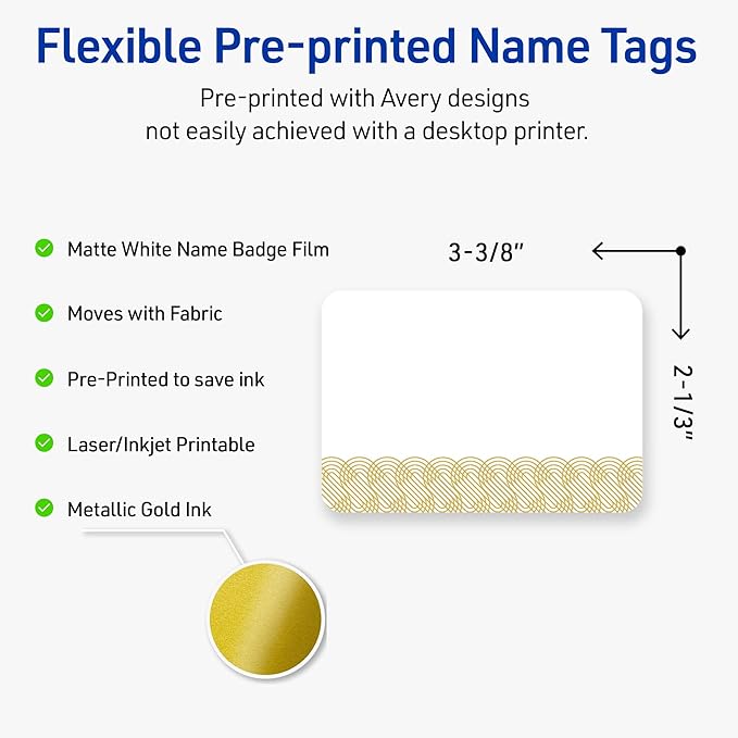 Avery Printable Rectangle Adhesive Name Badges, Pre-Printed Gold Lace Trim Pattern, Matte White, 2-1/3" x 3-3/8", Laser & Inkjet Compatible, 80 Total, Great for Branding, Marketing, and Events