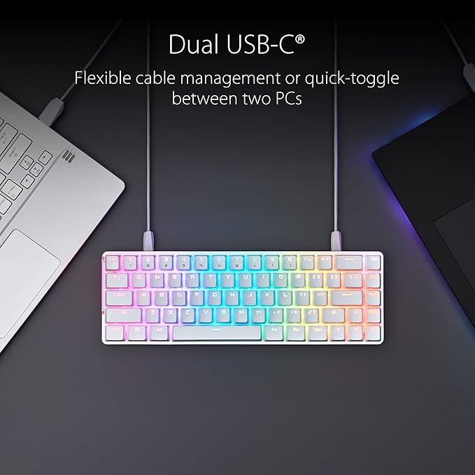 ASUS ROG Falchion Ace 65% RGB Compact Gaming Mechanical Keyboard, Lubed ROG NX Brown Switches & Switch Stabilizers, Sound-Dampening Foam, PBT Keycaps, Wired with KVM, Three Angles, Cover Case-White