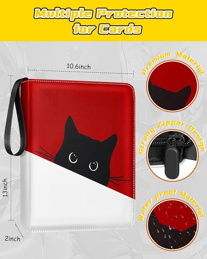 for 9 Pocket Trading Card Binder for 900 Cards - Cute Large Capacity Card Collection Album Folder with Zipper for Women Girls Teens Red Cat Design for Sports, TCG, Game Cards