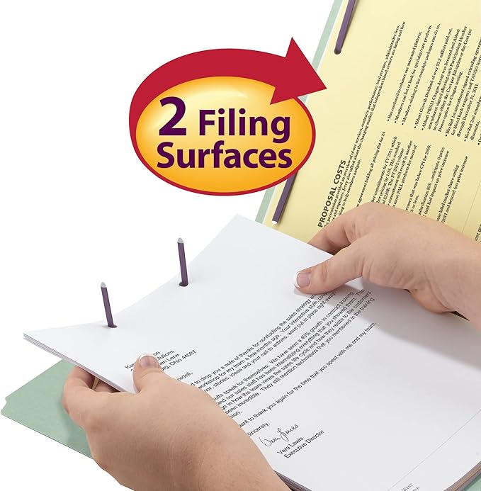 Smead Pressboard Fastener File Folder with SafeSHIELD Fasteners, 2 Fasteners, Straight-Cut Tab, 2" Expansion, Letter Size, Gray/Green, 25 per Box (14910)