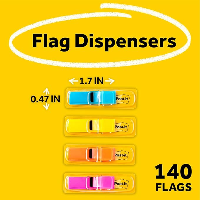 Post-it Flags, 35/Dispenser, 4 Dispensers/Pack, .47 in Wide, Assorted Bright Colors (683-4AB)