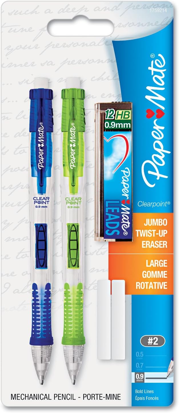 Paper Mate 1759214 Clear Point Mechanical Pencil Starter Set, 0.9 mm, Lime Green, Royal Blue, 2/Set