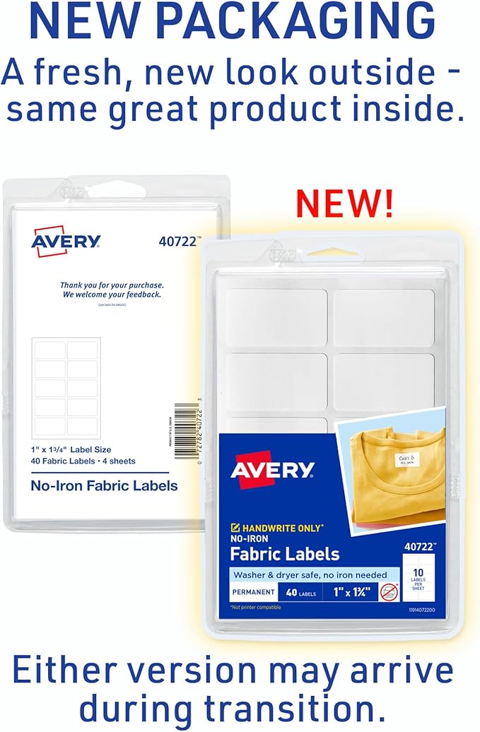 Avery No-Iron Fabric Labels, 1" x 1-3/4", Washer and Dryer-Safe Waterproof Labels, Non-Printable, 40 Total (40722)