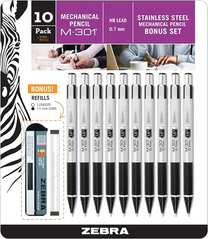 Zebra Pen, M-301 Mechanical Pencil, 0.7mm Point, Stainless Steel Barrel, Textured Grip, Smooth Writing Performance, Refillable, STEEL Series, 10-Count, (54319)