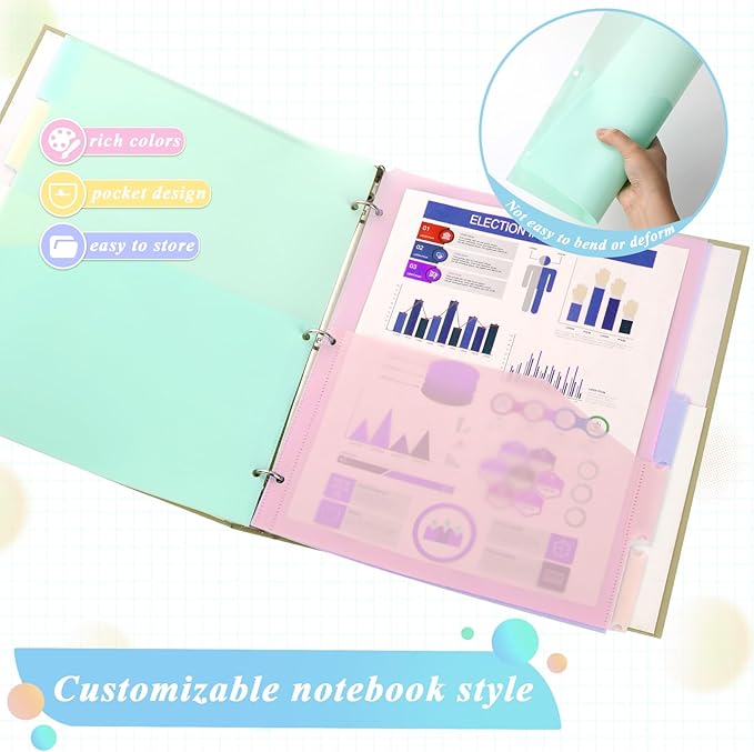 3 Sets 5 Tab Binder Dividers with Pockets for 3 Ring Plastic Binders 9.3 x 11.2 Inches 3 Hole Punched Page Dividers Sturdy Colorful Divider for Office School Business Home Organizer (Pastel Color)