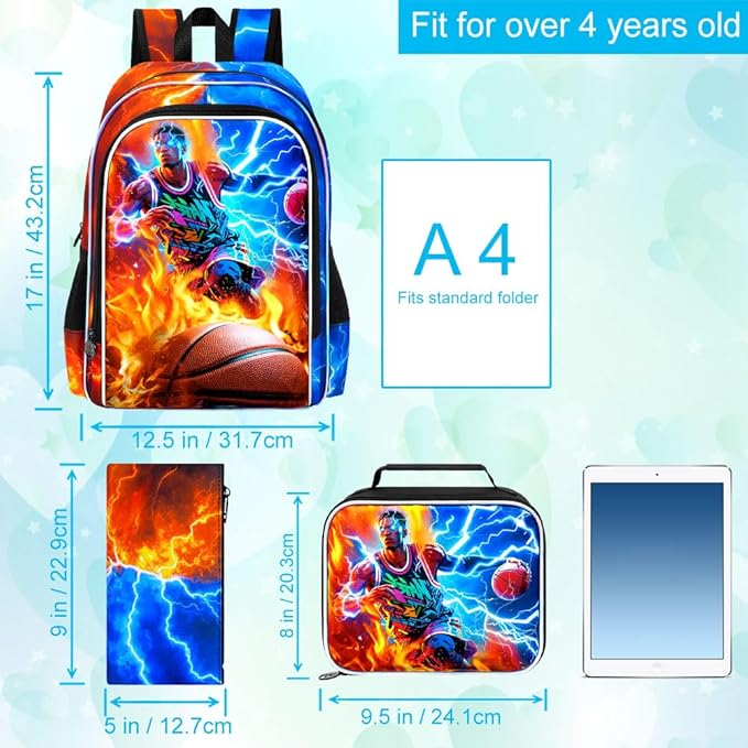 gxtvo 3PCS Kids Basketball Backpack for Boys, 17" School Bag with Lunch Box, Water Resistant Lightning Bookbag Middle Elementary - Fire & Lightning Basketball Player