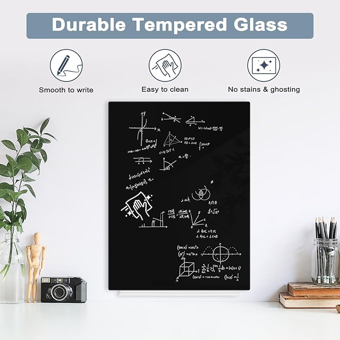 Magnetic Glass Whiteboard for Wall, 16" x 12" Glass Dry Erase Board, Frameless White Board for Home and Office - Black
