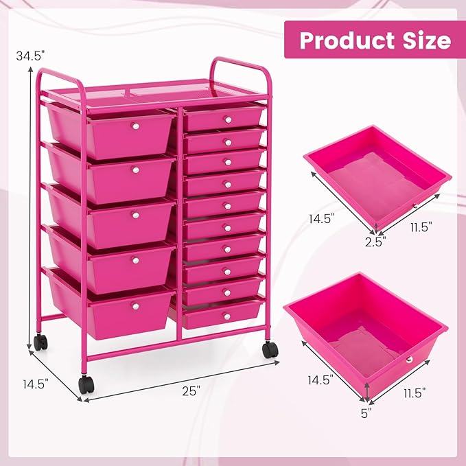 COSTWAY 15 Drawer Rolling Storage Cart, Mobile Utility Cart with Lockable Wheels, Drawers, Multipurpose Organizer Cart for Home, Office, School, Hot Pink