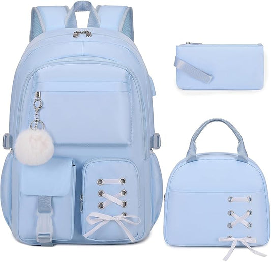 Backpacks for Girls, Girls Backpack with Lunch Box & Pencil Pouch for Teens Girl Kids Elementary Middle High School College Student Bookbag Daypack Laptop Travel Backpack for Women (Blue)
