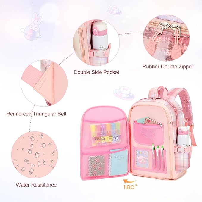 Girls Backpack Set, 3PCS Kids Backpack for Girls, Kawaii Bunny School Backpacks for Girl Kindergarten Elementary Preschool Middle School Bags with Lunch Box Pencil Case Pink-Plaid