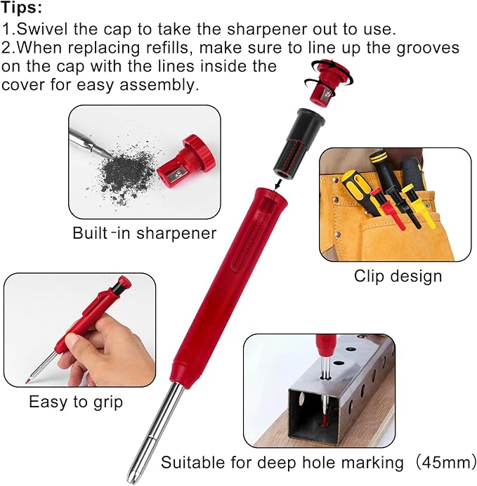 MECHEER 3 Pack Carpenter Pencils Mechanical Pencils with 36 Refills, Construction Pencils with Built-in Sharpener, Long Nib Deep Hole Heavy Duty Woodworking Pencil Marker for Architect (3 Colors)