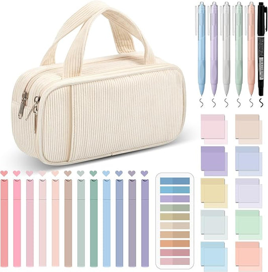 Jutom 39 Pcs Aesthetic Book Annotation Kit Highlighter with Pencil Case Bag Gel Pen Transparent Sticky Note Taking Bible Study College School Supplies(White,Classic Style)